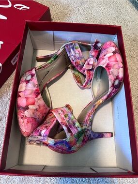 Impo Pink Floral Ankle-Tie/Zipper Stiletto Heels Wore Once